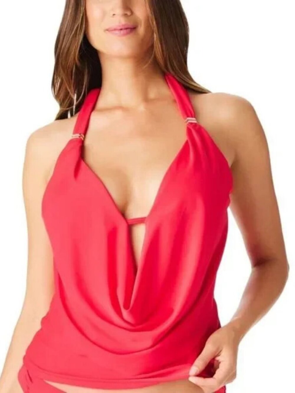 Bar III PARADISE RED Plunging Cowlneck Halter Tankini Swim Top, US X-Small